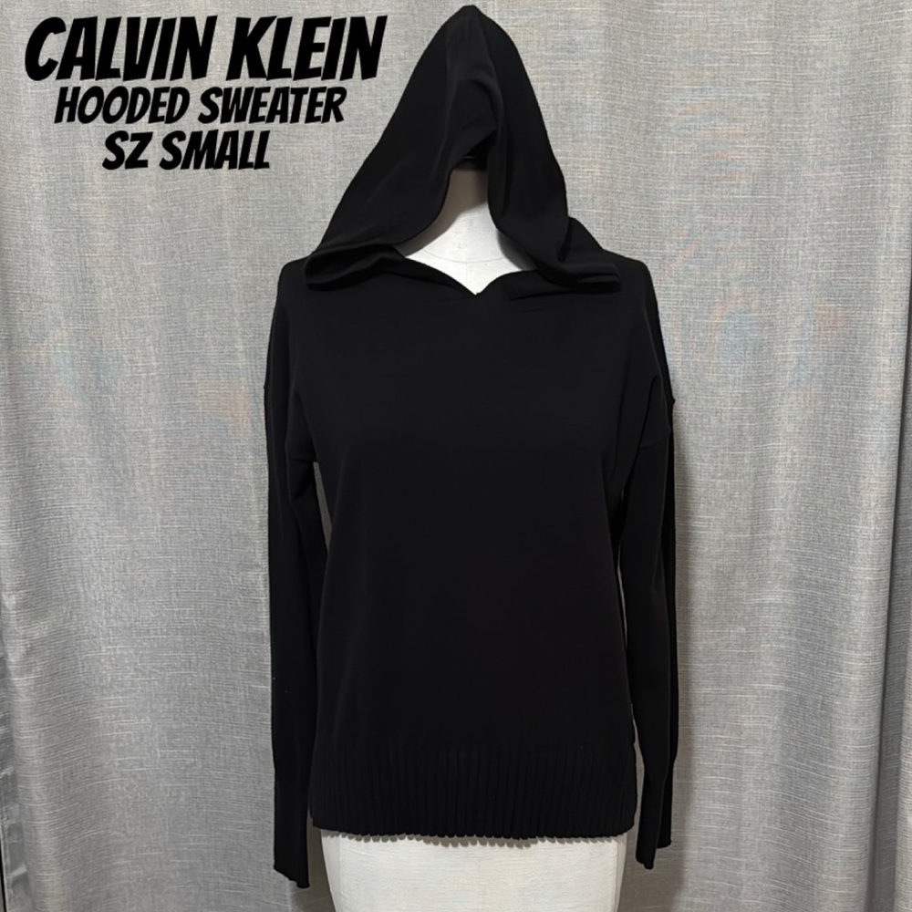 EUC Calvin Klein Hooded Sweater-Sz S-Black-Cotton Blend-Ribbed Hem-Notched Sides